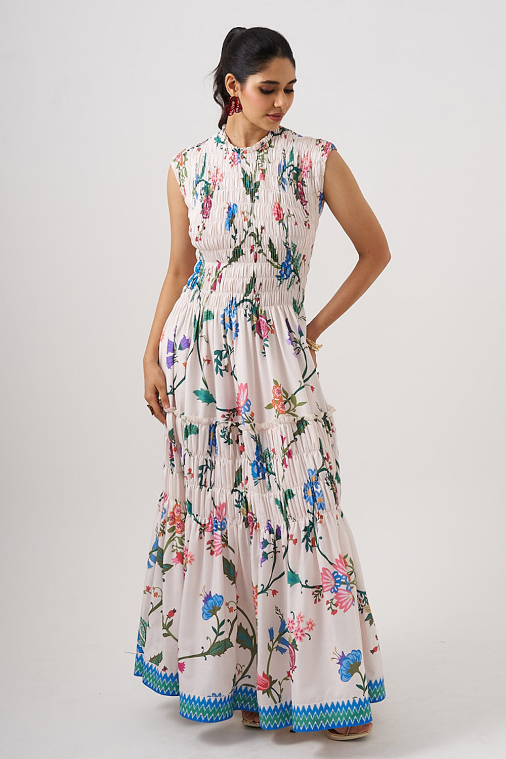 White Long Dress With Smocking Detail