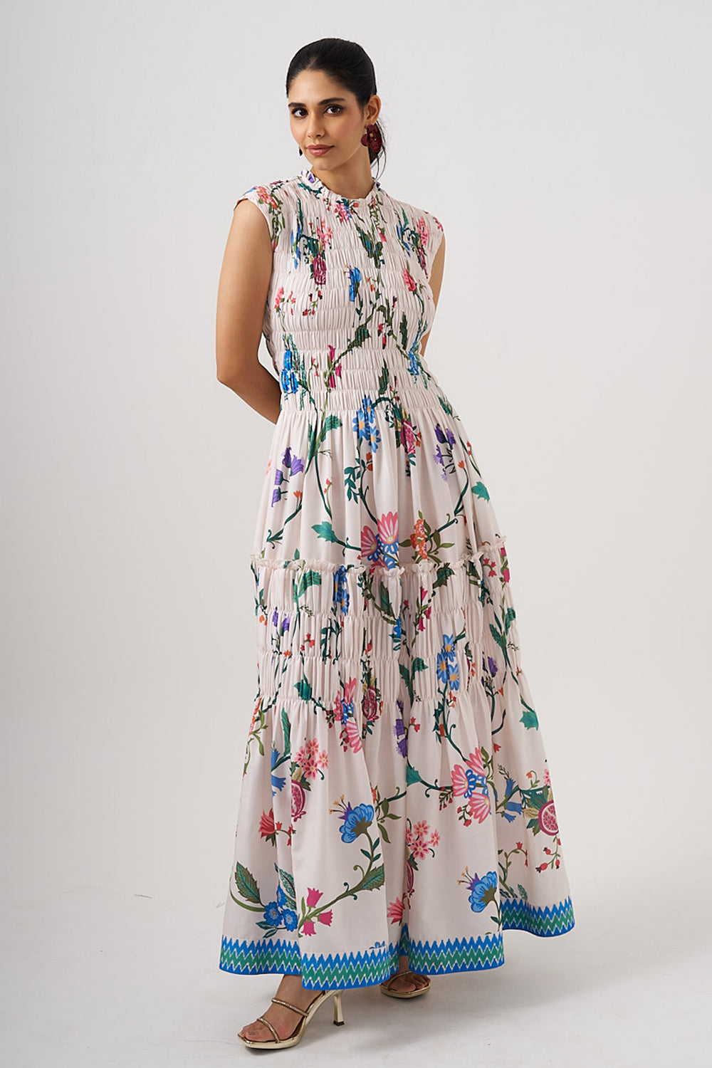 White Long Dress With Smocking Detail