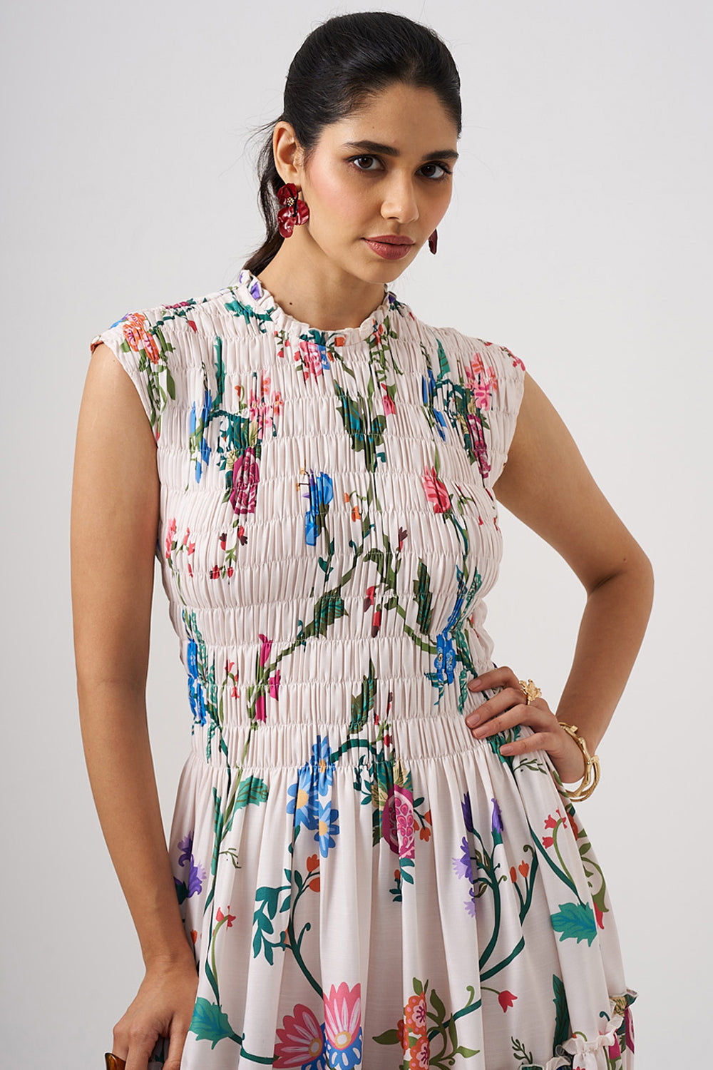 White Long Dress With Smocking Detail