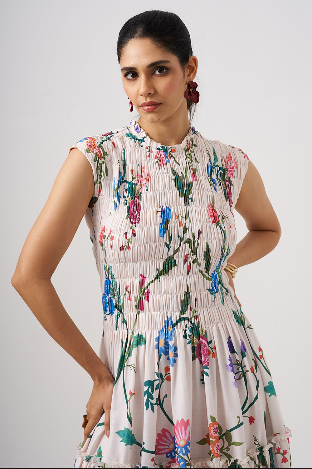 White Long Dress With Smocking Detail
