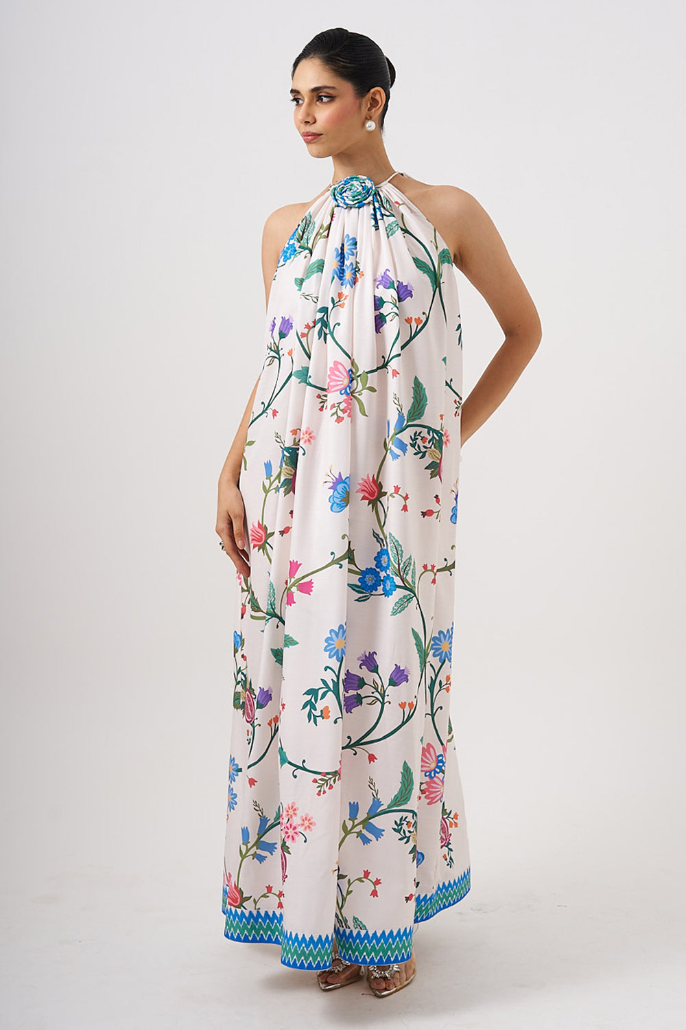 White Long Dress With Flower Detail