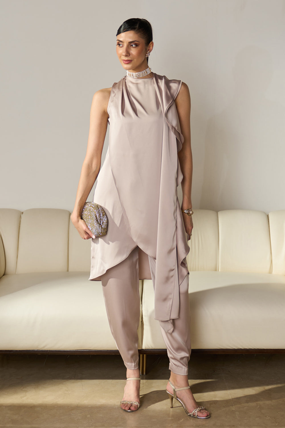 Pearl-Beige Kurta Set with Ruffled Drape