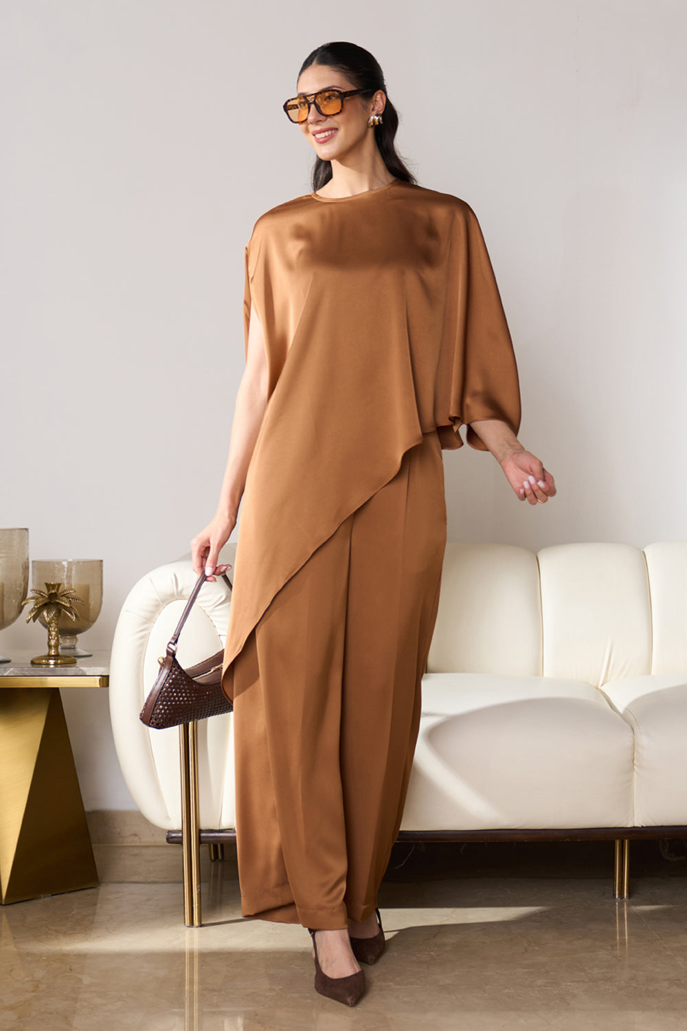 Asymmetric Draped Co-ord Set (Caramel)