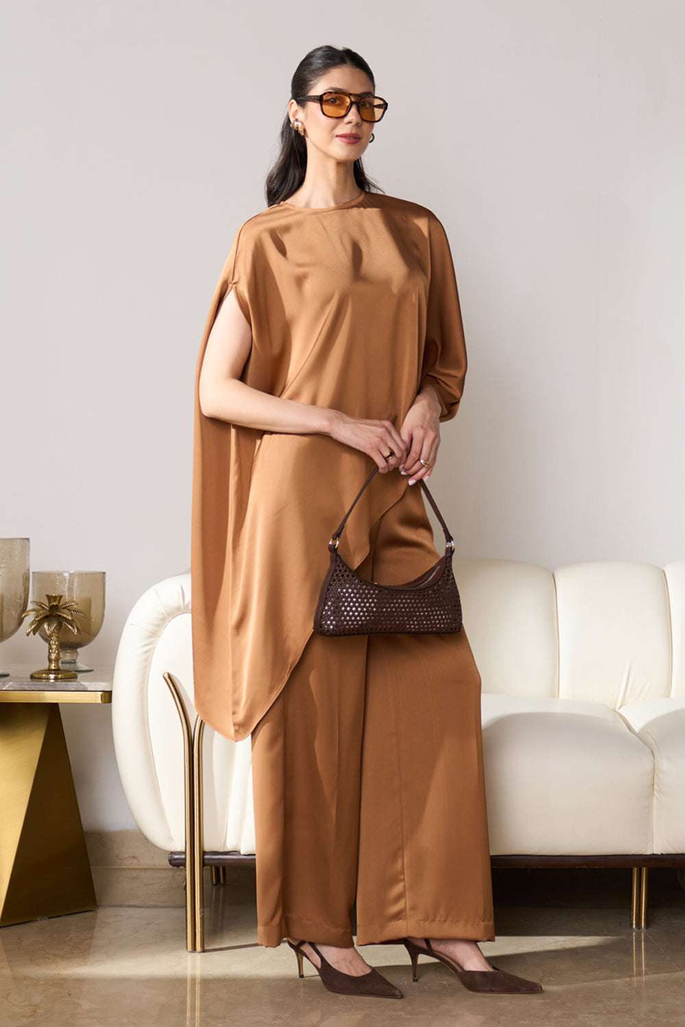 Asymmetric Draped Co-ord Set (Caramel)