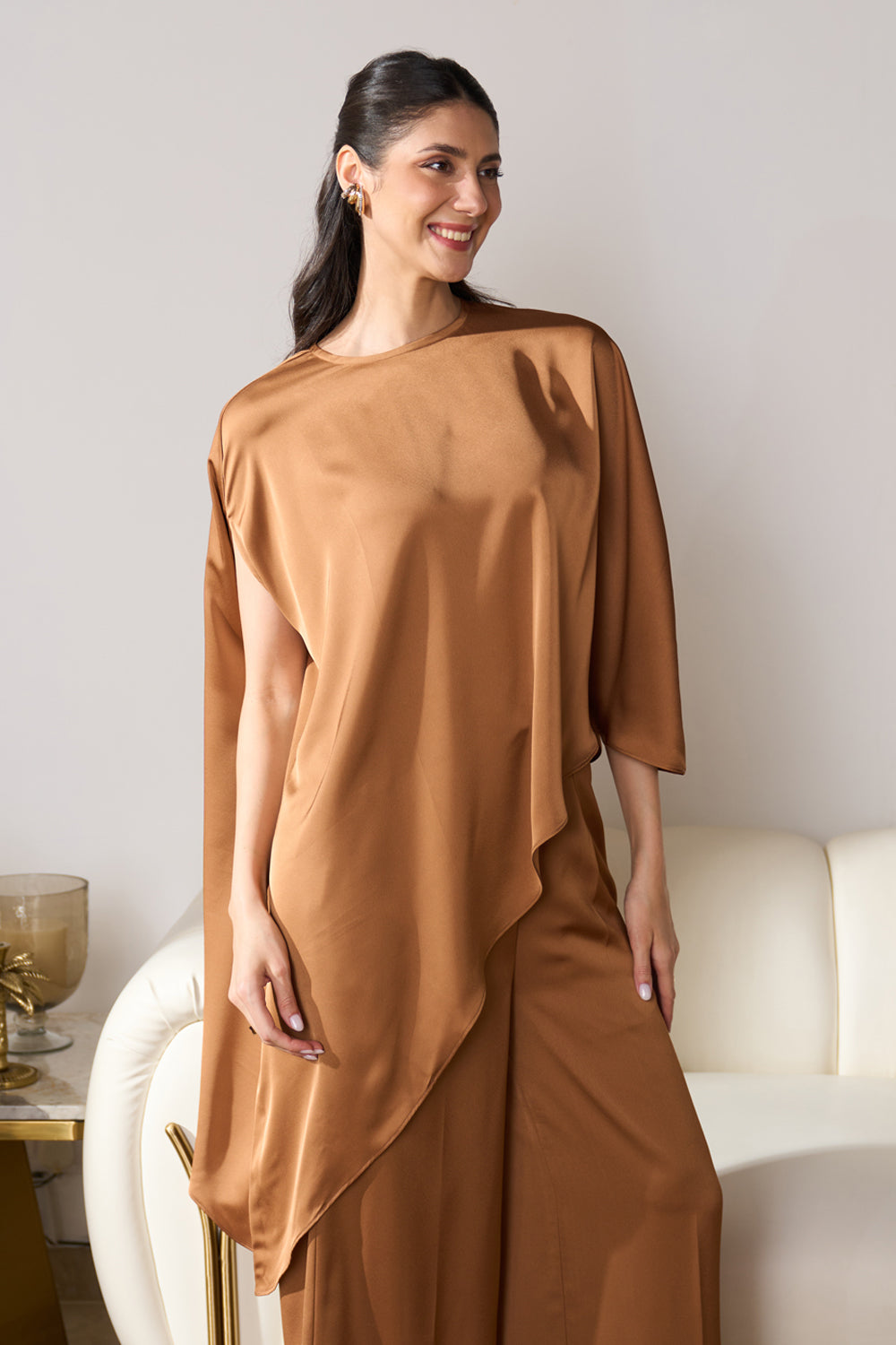 Asymmetric Draped Co-ord Set (Caramel)