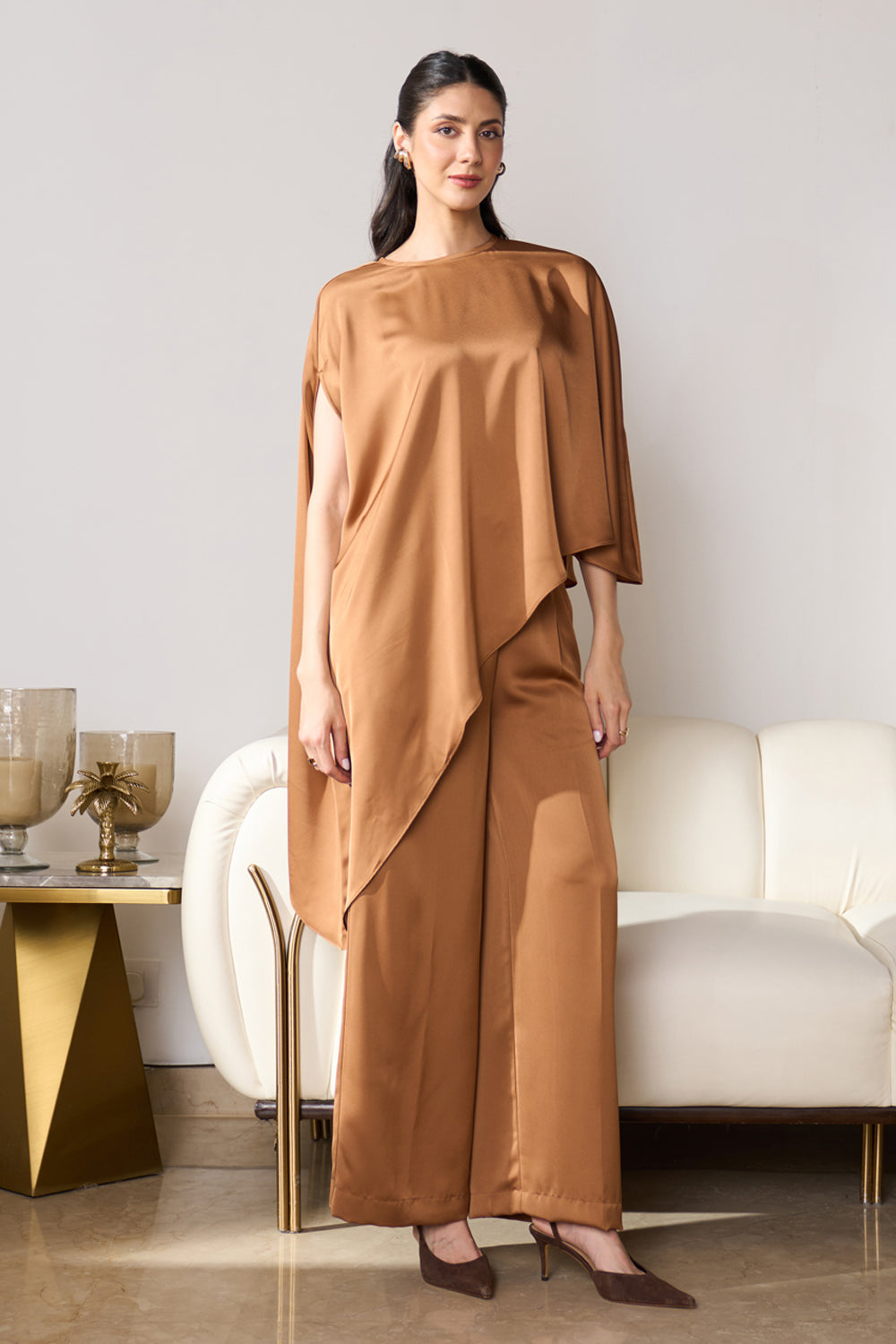 Asymmetric Draped Co-ord Set (Caramel)