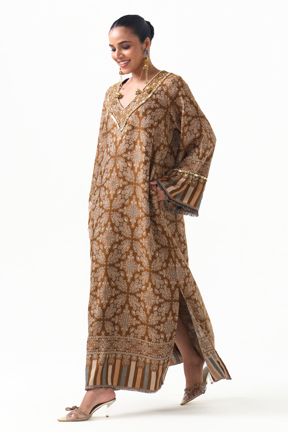 Hania Embroidered Shawl Kaftan (Mustard)